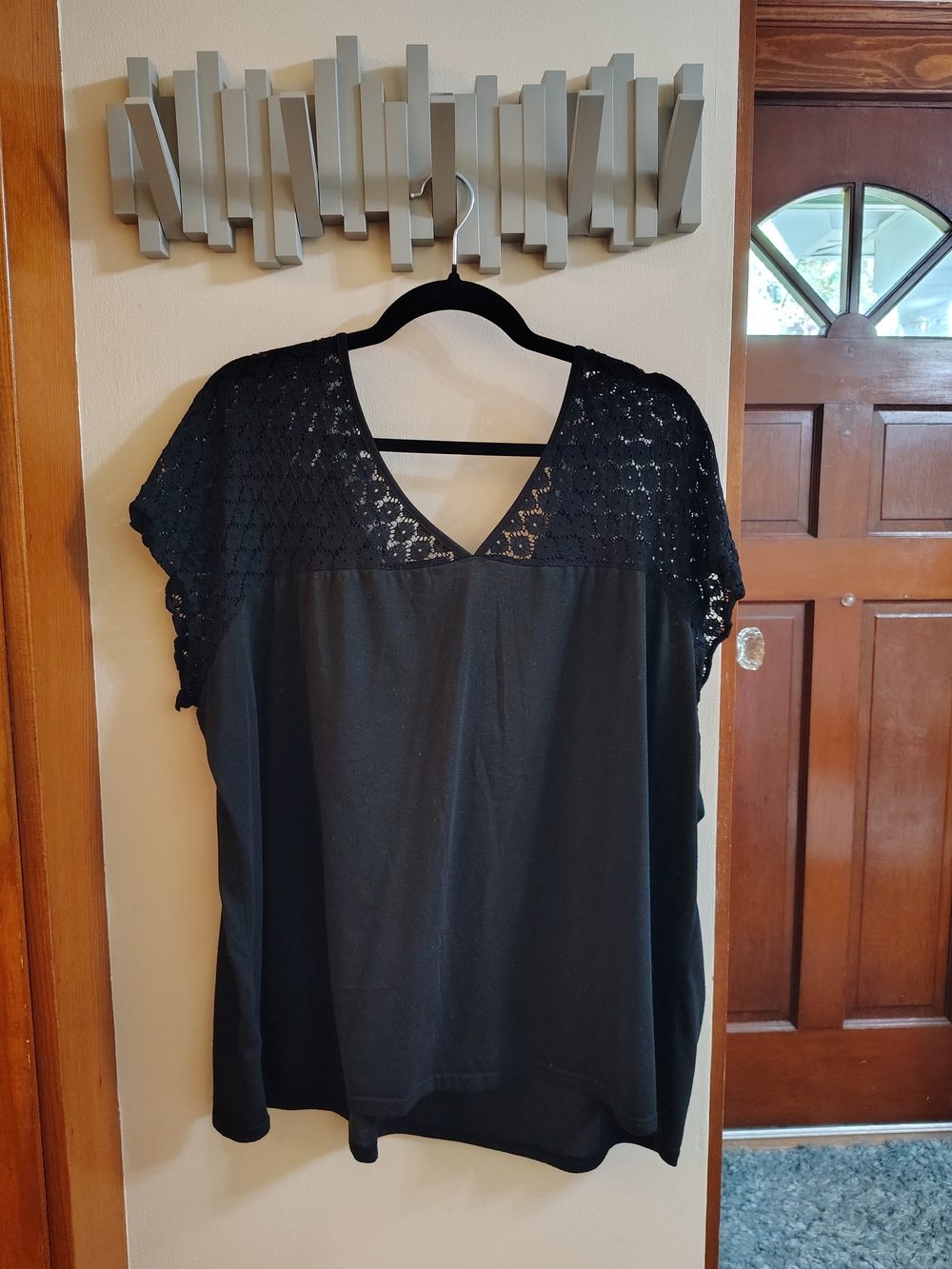 SHEIN Black Crochet Yoke V-Nec Top